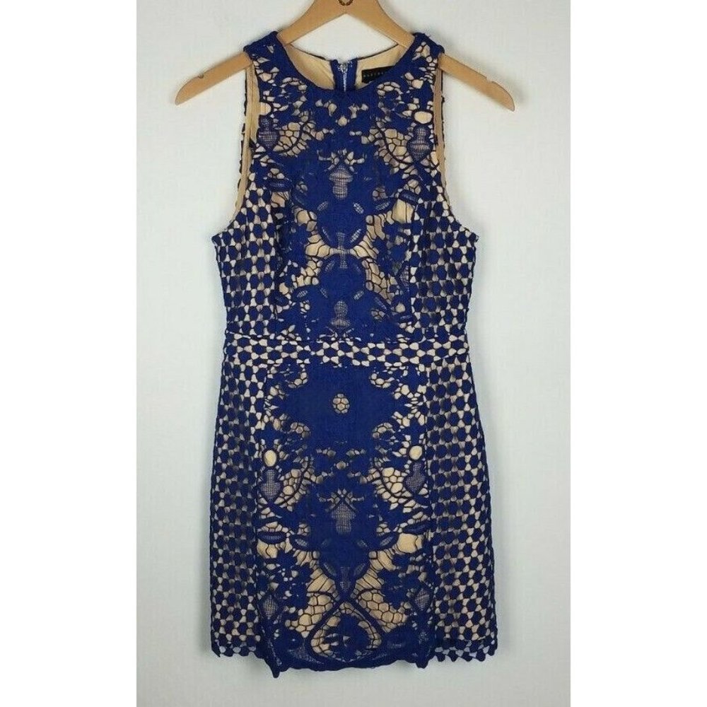 Endless Rose Sz. S Blue/Nude High Neck Floral Crochet Sleeveless Short Dress